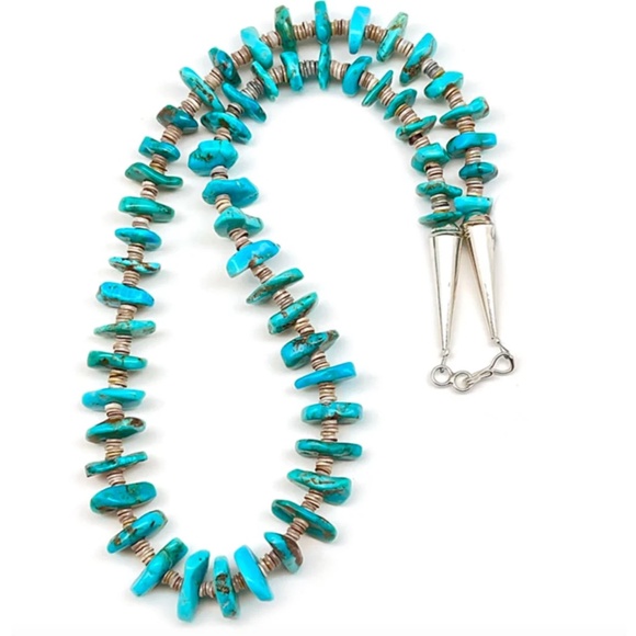 Navajo Turquoise Sterling Silver Shell Heishi Bead Necklace - Picture 2 of 3